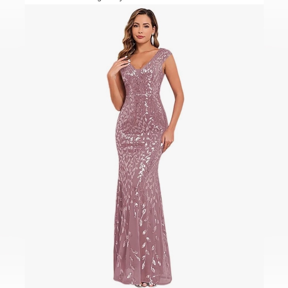 Elegant Mauve Sequin V-Neck Evening Gown